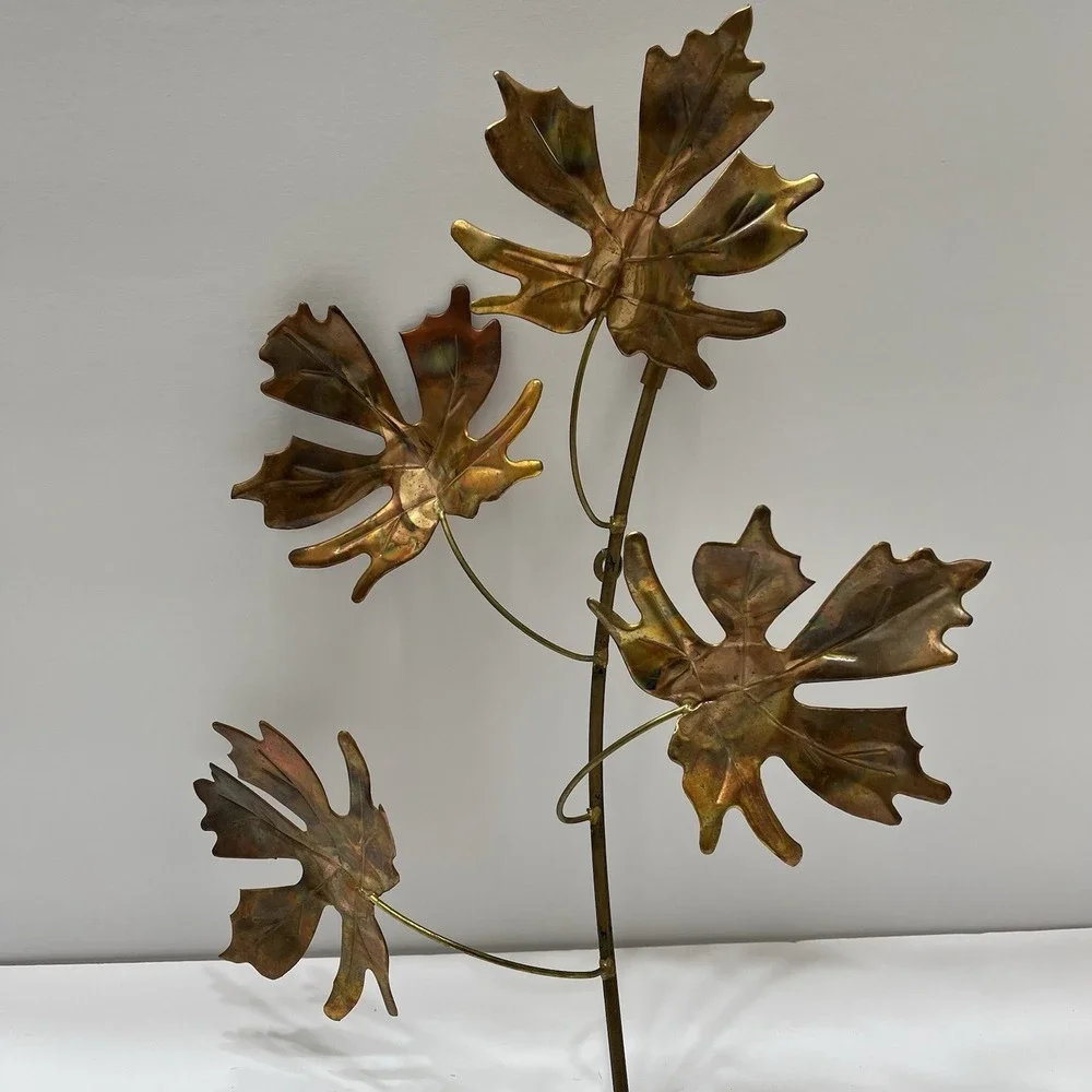 Vintage Brutalist-Style Wall Art Copper Toned Maple Leaves Metal Stem 12x15